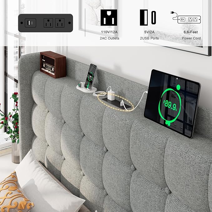 Full Size Bed Frame, Upholstered Platform Bed with Charging Station, Modern Wingback Storage Headboard, Solid Wood Slats Support, No Box Spring Needed, Light Gray