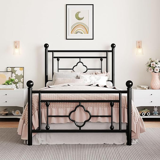 SHA CERLIN 14 Inches Twin Size Metal Platform Bed Frame/Vintage Iron-Art Headboard and Footboard/Mattress Foundation for Storage/No Box Spring Needed/Noise-Free/Easy Assembly/Black