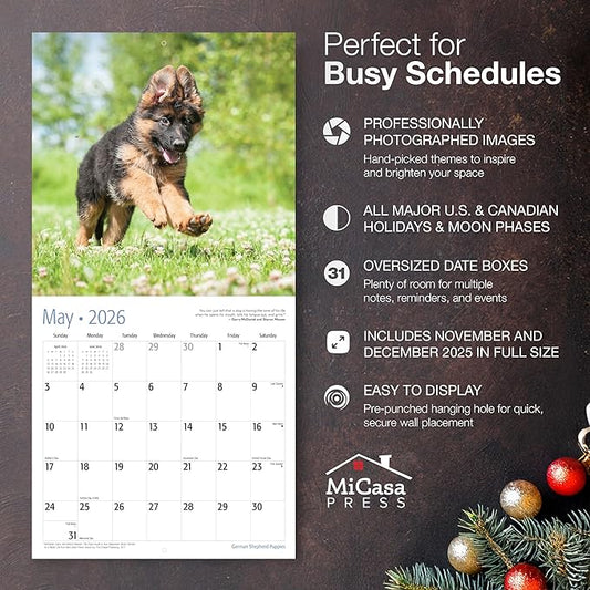 MICASA PRESS German Shepherd Puppies 2026 Wall Calendar 12 Month | 12" x 24" Open | Thick & Sturdy Paper | Holiday Gift | Cute Puppy Dog Calendar 2026