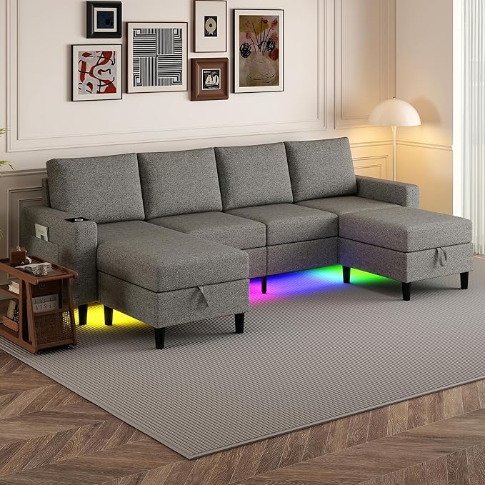 Sectional Couches for Living Room, 4 Seat Sectional Sofa with Smart Module-Wireless Charging/USB/Type-C/RGB Light, U Shaped Couch with Reversible Chaise Lounge/Storage Ottoman (Light Grey)