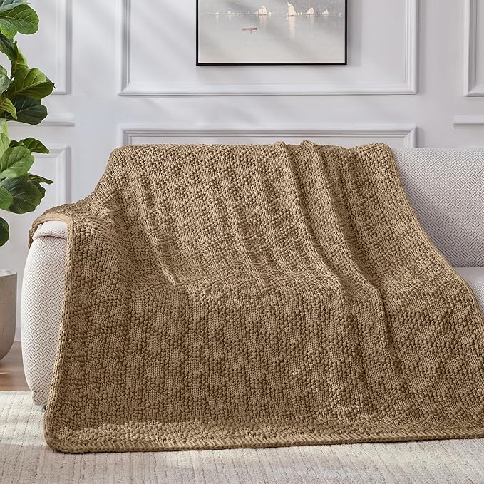 Knitted Weighted Blanket for Adult, Chunky Knit Weighted Throw for Sleep 40"*60" 7lbs, Cooling Breathable Heavy Blanket for Hot Sleepers, Machine Washable Fall Blanket for Room Decor(Beige)