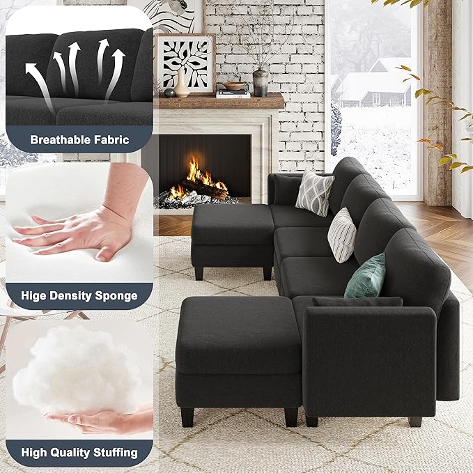 Modular Sectional Sofa, Convertible U Shaped Sofa Couch with High Density Memory Foam, 6 Seat Comfy Modular Sofa Couch for Living Room, Modern U Shaped Sectional Sofa, Black
