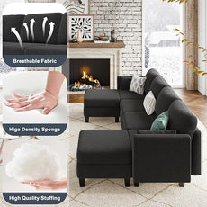 Modular Sectional Sofa, Convertible U Shaped Sofa Couch with High Density Memory Foam, 6 Seat Comfy Modular Sofa Couch for Living Room, Modern U Shaped Sectional Sofa, Black