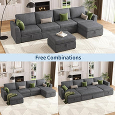 GarveeHome Sectional Sleeper Sofa with Pull Out Bed, Corduroy Modular Sectional 6 Seat Couch with Pull Out Couch and Storage Seat & 2 Ottomans, Convertible Couches for Living Room