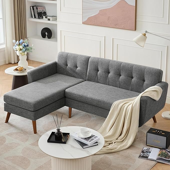 Tbfit L Shaped Couch Sofa, 80" W Mid-Century Modern Sectional Couches, 3 Seater Sofas with Wide Chaise Lounge, Button Tufted Upholstered Sectional Sofa for Living Room, Bedroom, Gray