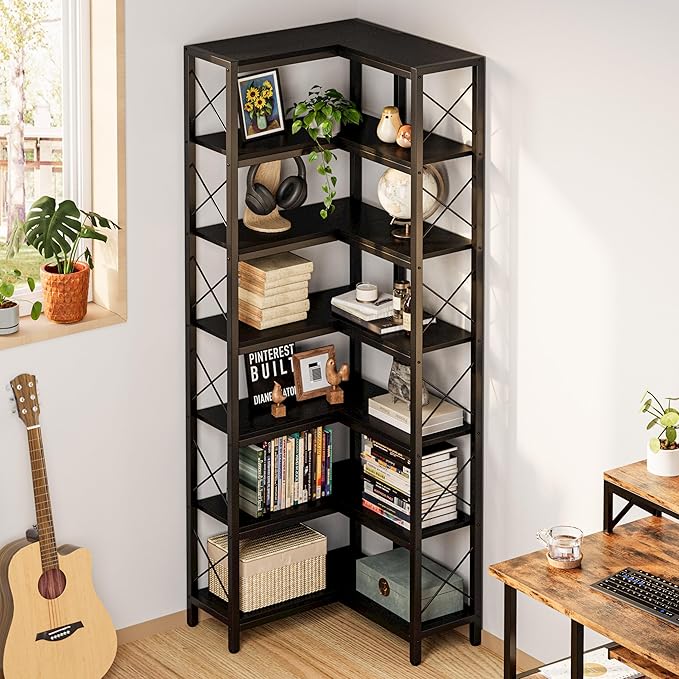 IRONCK Corner Bookshelf, 7-Tier Industrial Corner Bookcase, Tall Corner Shelf Storage Display Rack with Metal Frame for Living Room Home Office, Black
