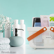 Brookstone BKH1635, Large Portable Shower Caddy with Soft Silicone Carrying Handle, Bathroom Organizer Basket, Plastic Bath Tote, Dries Quickly with Drainage Holes [BPA Free], White