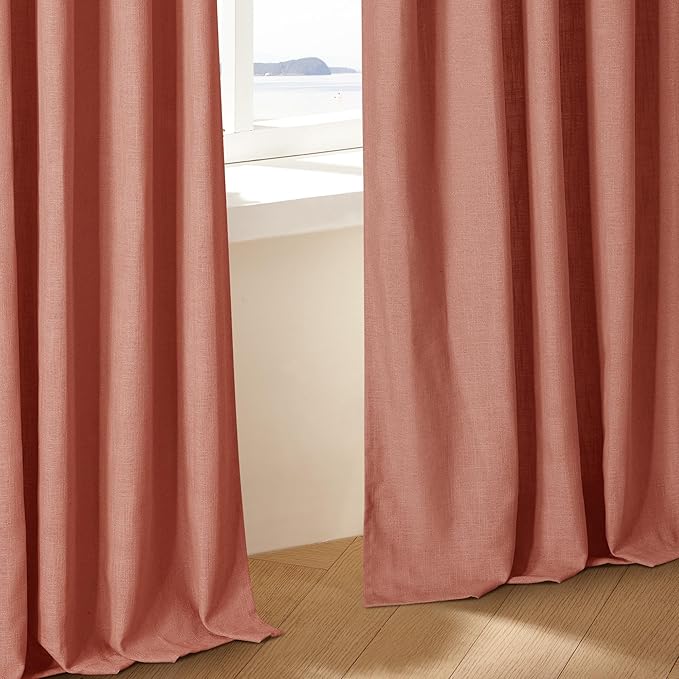 80 Inch Pinch Pleated Linen Curtains 2 Panels for Living Room Bedroom Boho Farmhouse Terracotta Semi Sheer Back Tab Pinch Pleat Hooks Rings Red Clay Window Curtain Burnt Orange Autumn Fall Decor