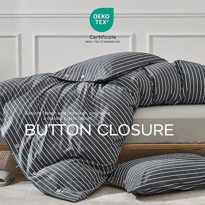 JELLYMONI Cotton Duvet Cover Full Size - Gray Pinstriped Comforter Cover with Button 100% Washed Cotton 3PCS Breathable Soft Solid Bedding Set Duvet Cover 80×90in & 2 Pillowcases (NO Comforter)