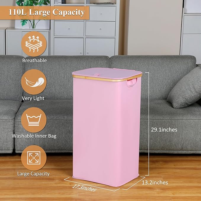 Laundry Hamper with Lid, 110L Large Laundry Basket with Handle and Lid, Collapsible Clothes Basket Organizer with Removable Inner Bag for Clothes Toys Towels,Pink