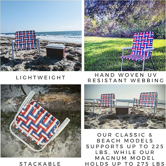 Lawn Chair USA Folding Aluminum Outdoor Patio Lawn Chair | Heavy-Duty Webbed Chairs for Camping, Sports, Beach, Yard & Tailgating | Lightweight Portable | Magnum - American Flag