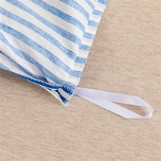 JELLYMONI 100% Natural Cotton 2pcs Striped Duvet Cover Sets,White Duvet Cover with Blue Stripes Pattern Printed Comforter Cover,with Zipper Closure & Corner Ties(Twin Size)