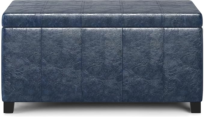 SIMPLIHOME Dover 36 inch Wide Contemporary Rectangle Storage Ottoman Bench in Denim Blue Vegan Faux Leather, Assembled, for the Living Room, Entryway and Family Room