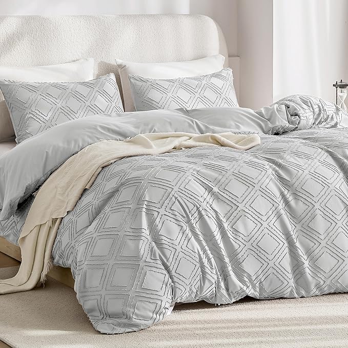 JELLYMONI Duvet Cover Full Size Light Grey - 3PCS Boho Duvet Cover Set Plaid Polyester Tufted Bohemian Jacquard Knit Textured Comforter Cover 80×90in Rhombic Geometric Pattern Corner Ties & Zipper