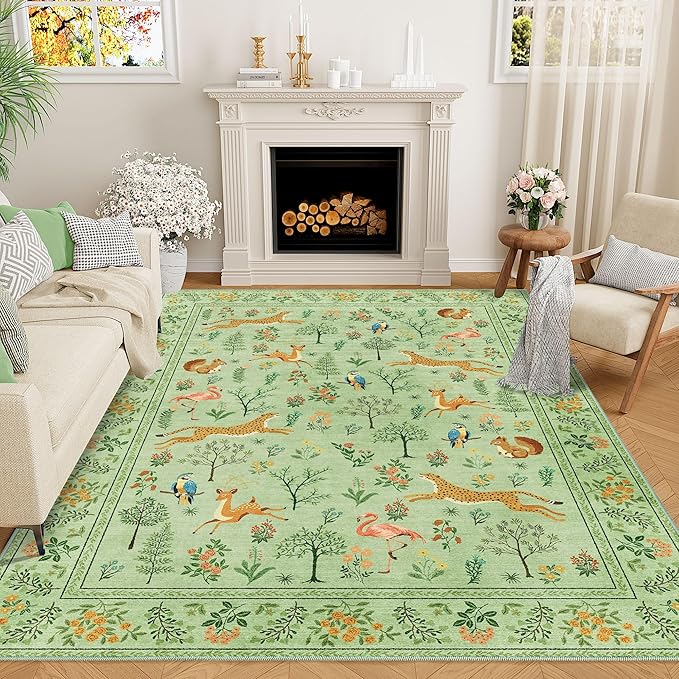 DUKINO 8x10 Rug, Washable Animal Living Room Rug with Non Slip Vintage Design, Soft Low Pile Large Carpet for Bedroom, Nursery, Dining Room, Farmhouse, Playroom, Light Green