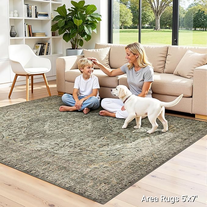 RCTJHOME 5'x7' Washable Area Rugs for loveseat Living Room/Twin Bedroom/Study Room, Modern Abstract Soft Carpet, Low Pile Floor Rug with Non Slip Backing for Dining Room, Distress Floral Forest Green