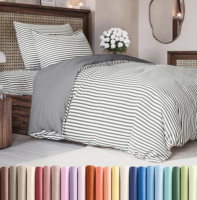 Duvet Cover Twin/Twin XL Size Set - Extra Soft Duvet Cover 68 x 90 with 1 Pillow Sham - Hotel Luxury, Easy Care and Fade Free w/ Zipper Closures & Ties - Comfy, Breathable Bedding Set (Grey Stripes 2)
