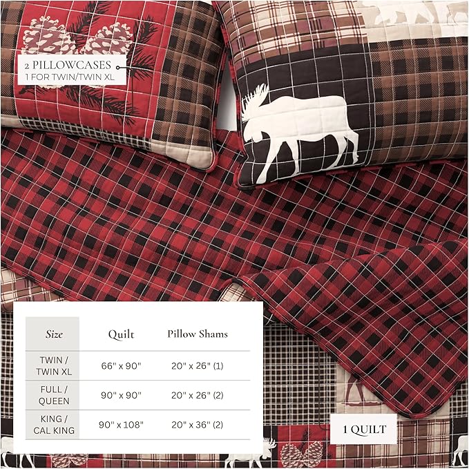 Great Bay Home Rustic Cabin Full/Queen Size Quilt Set with Shams - All-Season, Lightweight, Reversible Bedspread - Lodge-Themed Summer Bedding Sets (Full/Queen, Hemlock Red/Brown)