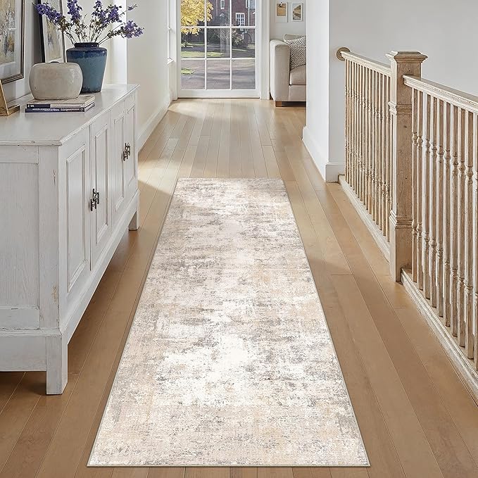 2x7 Washable Runner Rug Beige Grey Abstract Hallway Kitchen Throw Rug Neutral Modern Non Slip Soft Low Pile Carpet for Bathroom Laundry Bedroom Living Room