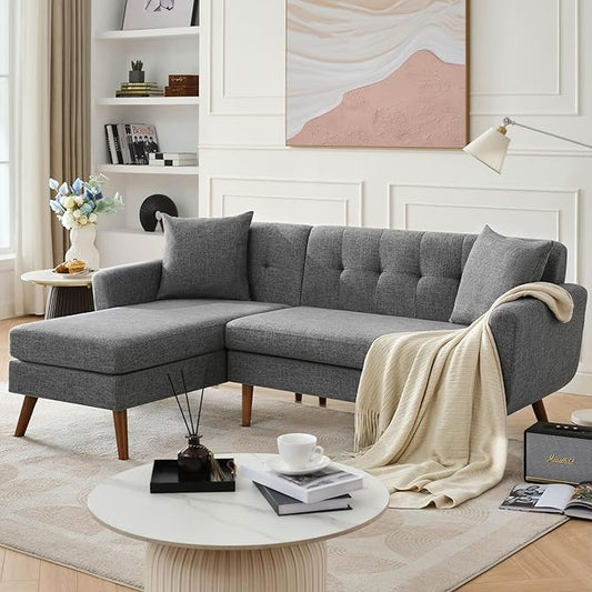 Tbfit L Shaped Couch Sofa, 80" W Mid-Century Modern Sectional Couches, 3 Seater Sofas with Wide Chaise Lounge, Button Tufted Upholstered Sectional Sofa for Living Room, Bedroom, Gray