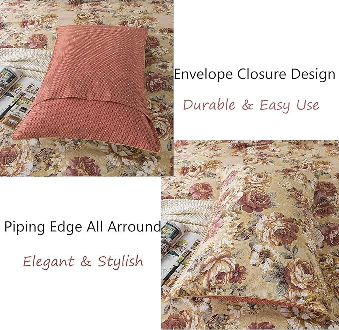 FADFAY Duvet Cover Sets Queen Tan Peony Floral Bedding Shabby Brown Flower Comforter Cover Set Vintage Farmhouse Bedding 100% Cotton Soft Quilt Cover with Hidden Zipper Closure 3 Pieces, Queen Size