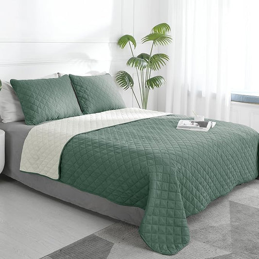 Easy-Going Full/Queen Size Reversible Quilt Set with 1 Quilt and 2 Pillow Shams, Soft Bed Quilt Cover, Water Resistant Lightweight Microfiber Bedspread, Stain Resistant, Cyan/Ivory