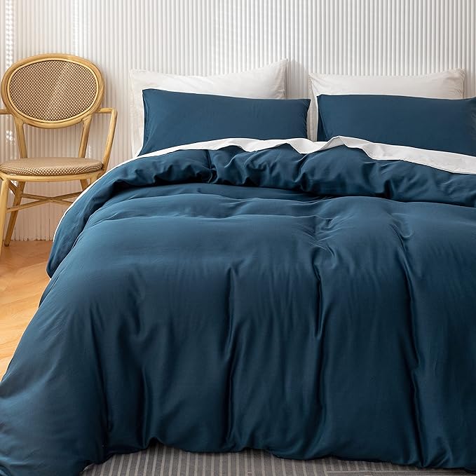 HeimenAogo Egyptian Cotton Duvet Cover Set Full, Ultra Soft and Breathable Comforter Cover with Zipper Closure, High Thread Count Long Staple Cotton Blanket Cover 3pcs Ensign Blue (80"×90")
