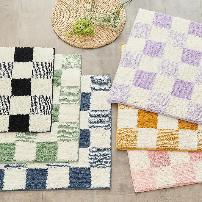 CozeCube Bath mats for Bathroom Non Slip, Fluffy Absorbent Microfiber Bath mat Washable, Aesthetic Bathroom Rugs, Small Sage Green Checkered Bath mat, Sage Green, 24" x 16"