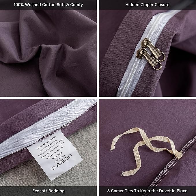 ECOCOTT Lilac Purple Duvet Cover King Size, 100% Washed Cotton 3 Piece Bedding Set 1 Duvet Cover with Zipper and 2 Pillowcases, Ultra Soft and Easy Care Breathable Duvet Cover Set ((Lilac Purple,King)