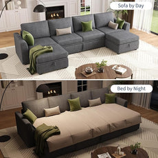 GarveeHome Sectional Sleeper Sofa with Pull Out Bed, Corduroy Modular Sectional 6 Seat Couch with Pull Out Couch and Storage Seat & 2 Ottomans, Convertible Couches for Living Room