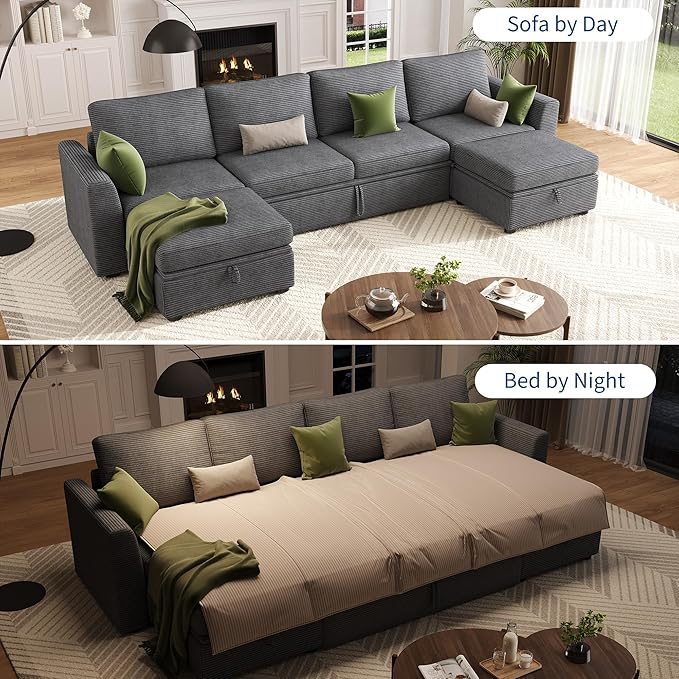 GarveeHome Sectional Sleeper Sofa with Pull Out Bed, Corduroy Modular Sectional 6 Seat Couch with Pull Out Couch and Storage Seat & 2 Ottomans, Convertible Couches for Living Room