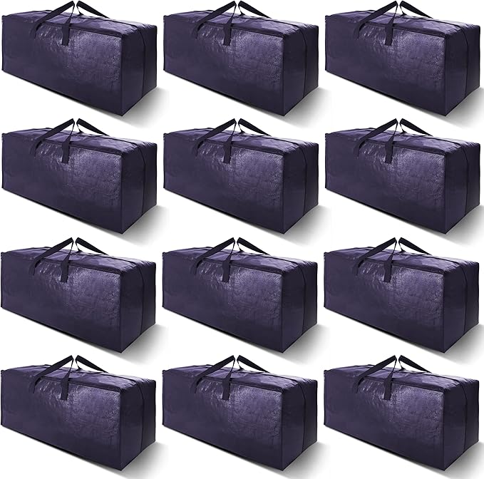 12 Pack Heavy Duty Extra Large Moving Bags W/Backpack Straps - Strong Handles & Zippers, Storage Totes For Space Saving, Fold Flat, Alternative to Moving Box and Storage Bin, Blue