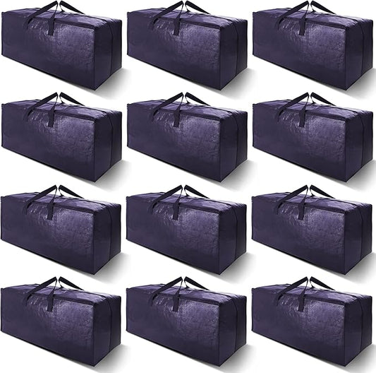 12 Pack Heavy Duty Extra Large Moving Bags W/Backpack Straps - Strong Handles & Zippers, Storage Totes For Space Saving, Fold Flat, Alternative to Moving Box and Storage Bin, Blue