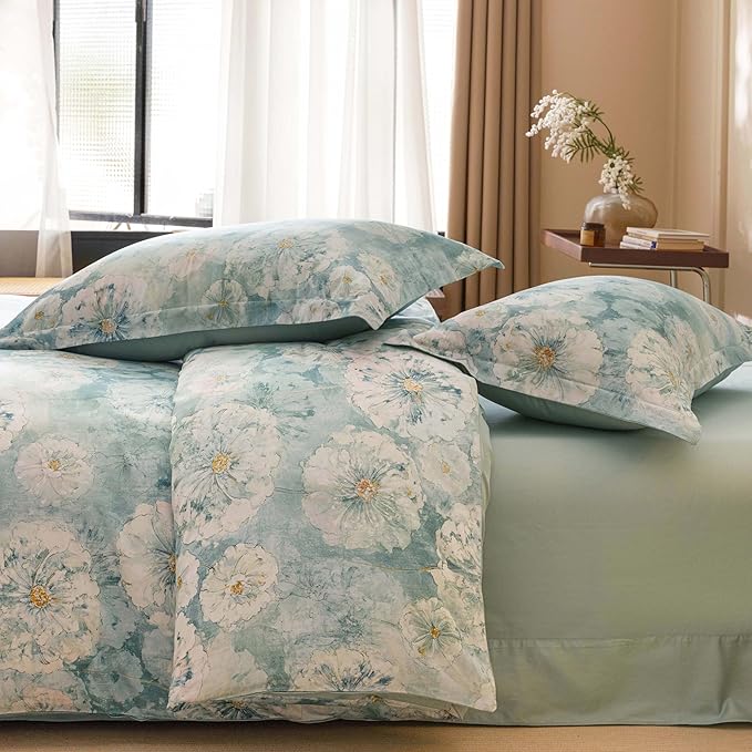 HeimenAogo Egyptian Cotton Duvet Cover King Sateen Weave, Silky Soft Duvet Cover with Zipper Closure, Long Staple Cotton Comforter Cover Watercolor Floral 3 Pcs