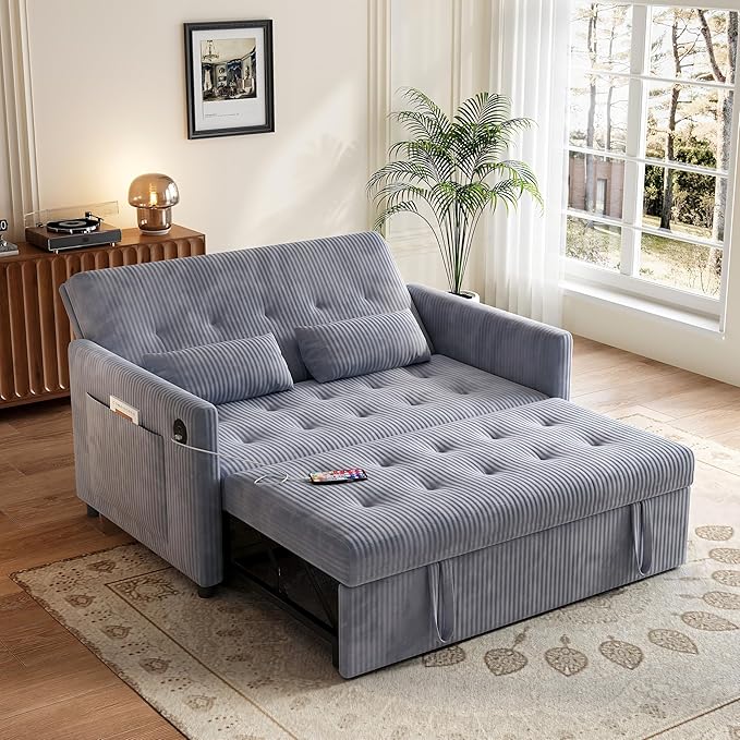 Sofa Bed, Loveseat 3-in-1 Sleeper Sofa with Pull Out Bed and USB, Modern Corduroy 2 Seater Convertible Small Couch for Living Room Bedroom Apartment, Gray