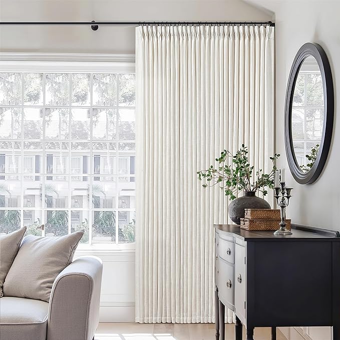 Pinch Pleated Linen 90 Inch Curtains 100 Inch Width for Living Room Divider Light Filtering Semi Sheer Cream Extra Wide Patio Curtains for Sliding Door Balcony Floor to Ceiling Picture Window 100x90