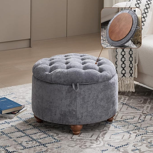 24Inch Round Storage Ottoman with Tray, Modern Tufted Circle Coffee Table with Storage, Upholstered Ottoman with Removable Top for Living Room, Bedroom, Chenille Blue
