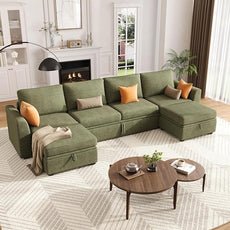 GarveeHome Sectional Sleeper Sofa with Pull Out Bed, Corduroy Modular Sectional 6 Seat Couch with Pull Out Couch and Storage Seat & 2 Ottomans, Convertible Couches for Living Room