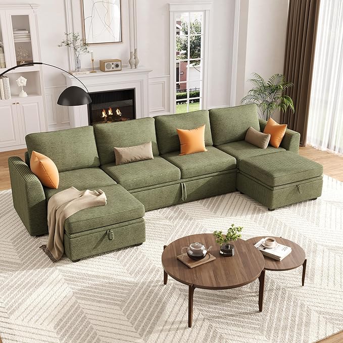 GarveeHome Sectional Sleeper Sofa with Pull Out Bed, Corduroy Modular Sectional 6 Seat Couch with Pull Out Couch and Storage Seat & 2 Ottomans, Convertible Couches for Living Room