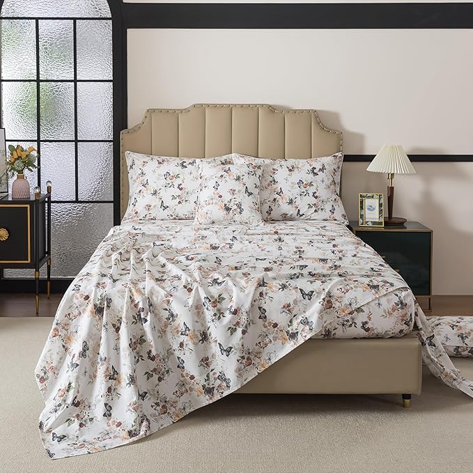 FADFAY Butterfly Sheets Set Twin Watercolor Floral Bed Sheets Set Vintage Botanical Bedding Shabby Rustic Leaves Bedding Collections 100% Percale Cotton Breathable Soft Deep Pocket 4Pcs,Twin Size