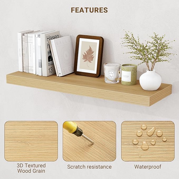 72 Inch Floating Shelves, 3D Textured Wood Grain, 72"x9.25"x1.5" Inch Deep Floating Shelves for Wall, Wooden Shelves for Bathroom, Bedroom, Living Room, Natural, 1 Piece