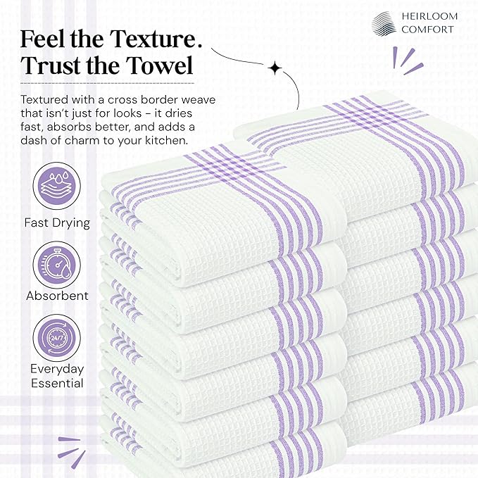 Lavender and White Kitchen Towels 5 Pack, 16x26 Inch, 100% Cotton Waffle Weave, Super Absorbent, Quick Dry, Soft & Durable Dish Towels for Drying, Cooking, Cleaning Tasks