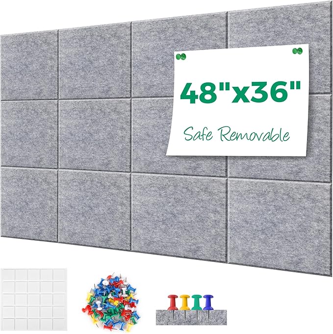 Large Corkboard Alternative - 11.8"x11.8"x0.35" 12 Pack Felt Wall Tiles Self-Adhesive Safe Removable Large Corkboard Bulletin Board Felt Cork Board for Walls Office 48 x 36-Light Gray