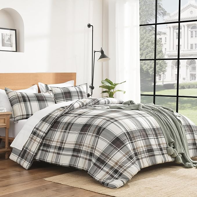 Andency Gray Brown Black Plaid Comforter Set Queen(90x90Inch), 3 Pieces Grid Gingham Stripes Bedding Comforter Sets for Boys Girls Kids Teens, Preppy Geometric Line Soft Lightweight Reversible Bed Set