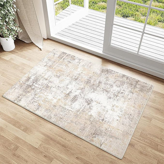 2x3 Washable Area Rug Beige Grey Abstract Entryway Kitchen Throw Rug Neutral Modern Non Slip Soft Low Pile Small Carpet for Bathroom Living Room Bedroom
