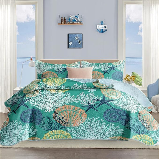 Tritard 3 Piece Coastal Quilt Sets Full/Queen Size - Reversible Microfiber Quilts with 2 Shams Soft Lightweight Beach Bedding Nautical Bedspread Coverlet Summer Comforter for All Season, 90''x96'', C3