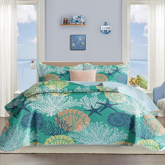 Tritard 3 Piece Coastal Quilt Sets King Size - Reversible Microfiber Quilts with 2 Shams Soft Lightweight Beach Bedding Nautical Bedspread Coverlet Summer Comforter Set for All Season, 106''x96'', C3