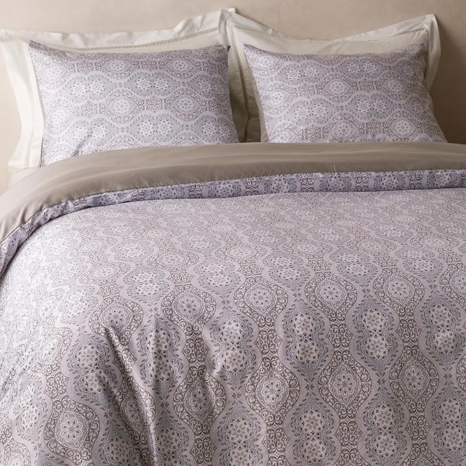 HeimenAogo Egyptian Cotton Duvet Cover Queen Size Sateen Weave, Silky Soft Duvet Cover with Zipper Closure, Long Staple Cotton Bed Linen Bohemian Damask Geometric 3 Pcs