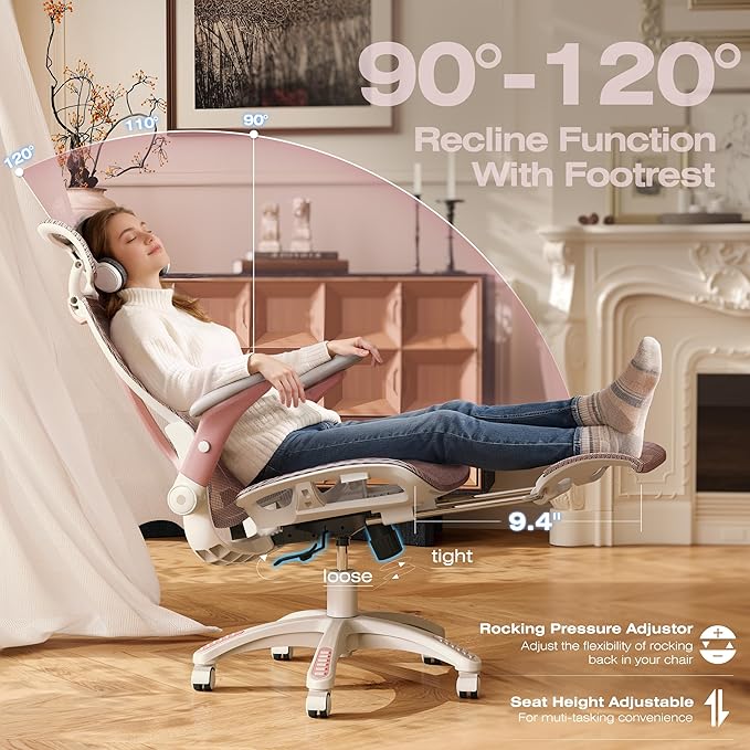 ELABEST X100 Ergonomic Mesh Office Chair with Footrest, Big and Tall Hone Desk Chair with 5D Flip-Up Arms, Adjustable 3D Lumbar Support,Gaming & Executive Computer Chairs for Long Hours