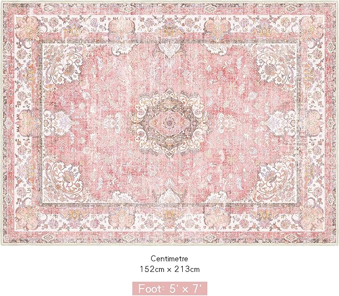 5'x7' Area Rugs Washable,Pink Rug for Living Room Bedroom,Large Boho Vintage Bohemian Distressed Oriental Carpet Non Slip,Blush Floral Flowers